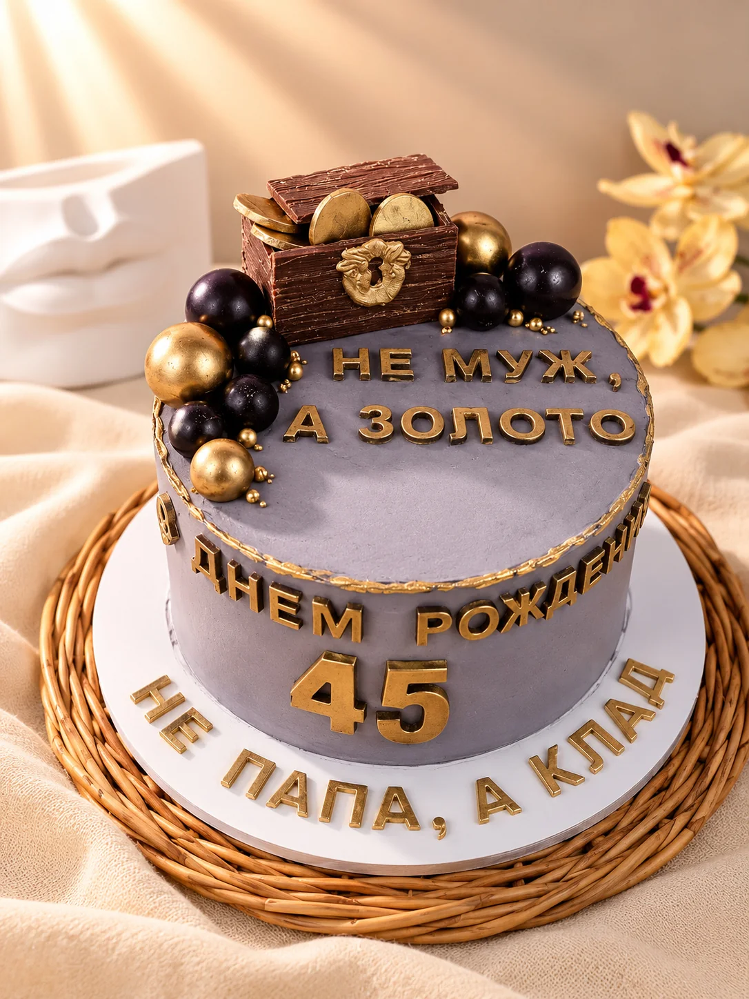 Торт мужу на 45 лет с сундуком и золотыми монетами — общий вид