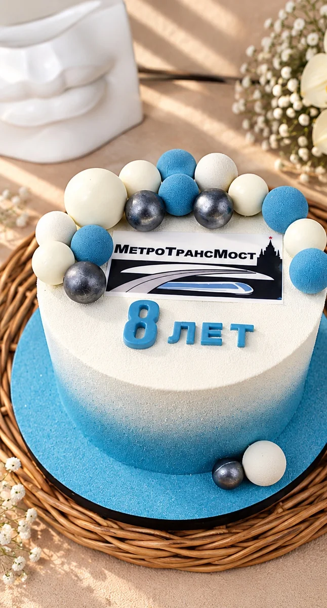 Корпоративный торт с логотипом «МетротрансМост» — общий вид