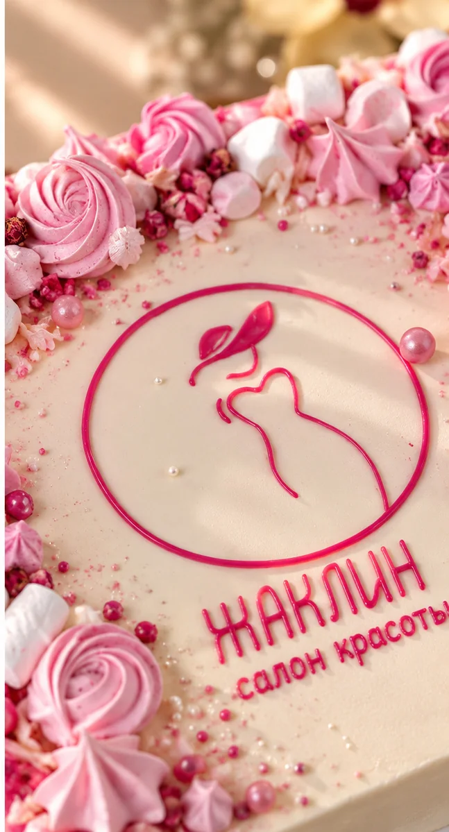 Розовый логотип салона «Жаклин» и цветочная отделка корпоративного торта