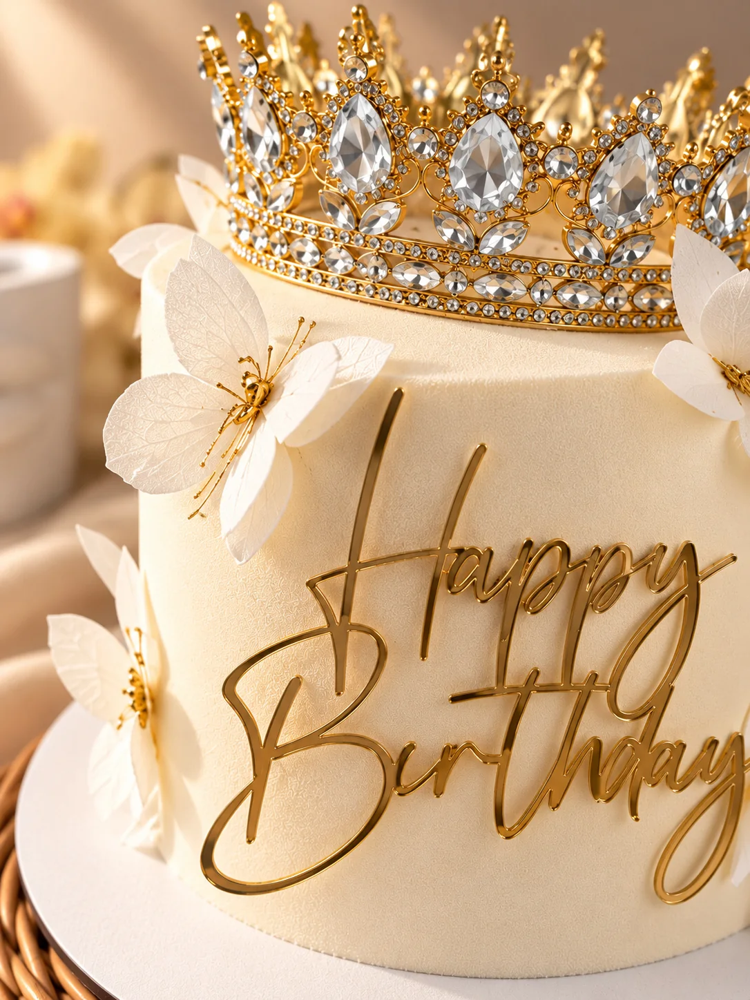 Светлые цветы, корона и надпись Happy Birthday на праздничном торте