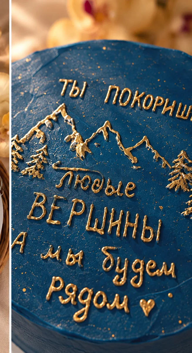 Рисунок гор и надпись «Ты покоришь любые вершины» на синем торте