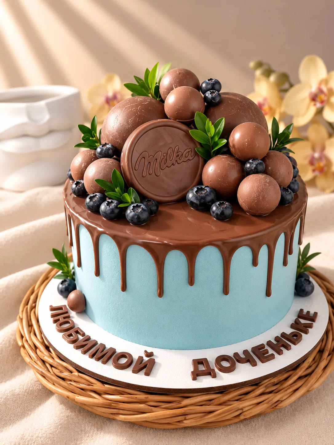 Голубой торт с шоколадом Milka и голубикой — общий вид