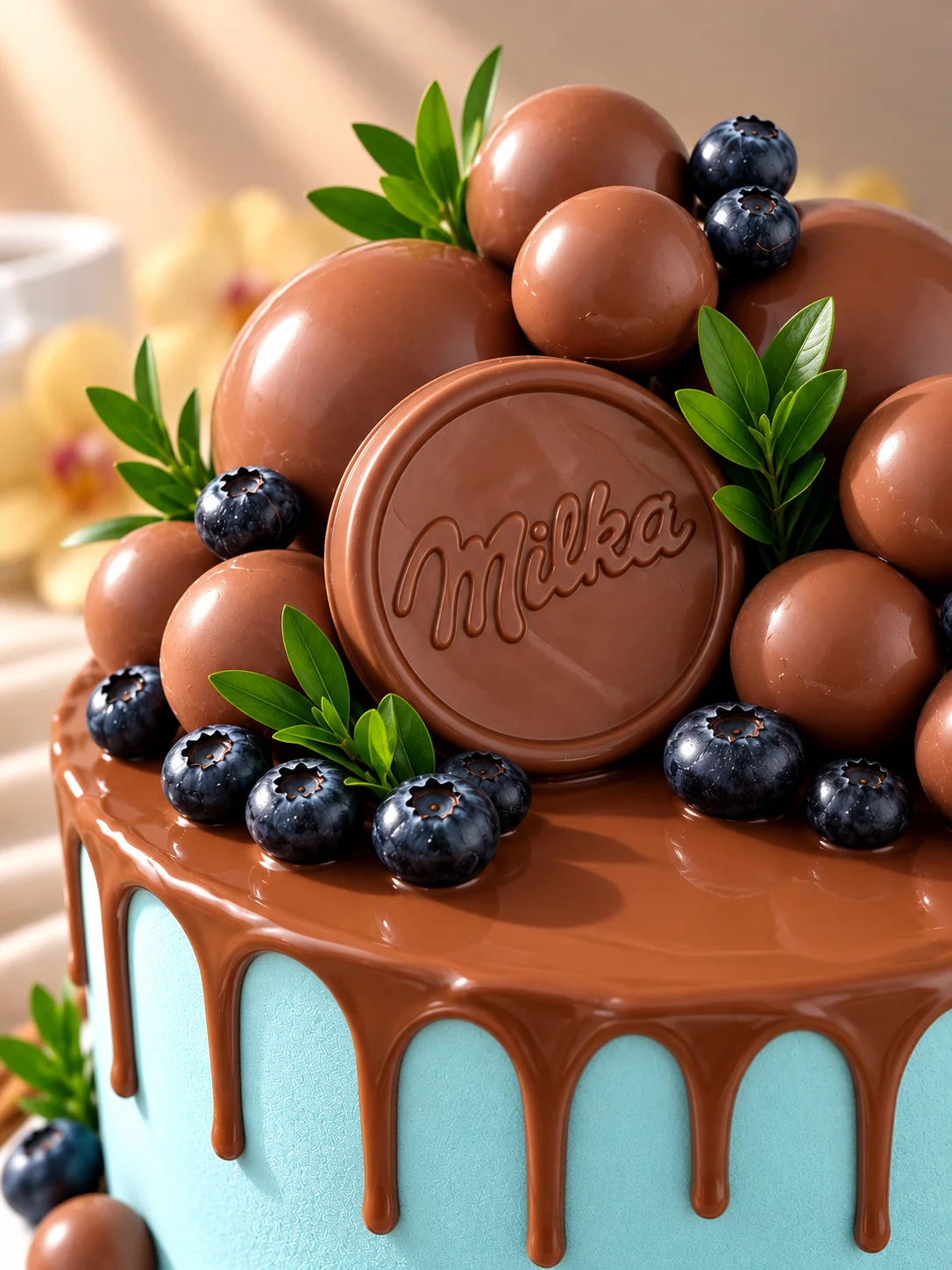 Шоколадный декор Milka, голубика и шары на голубом торте