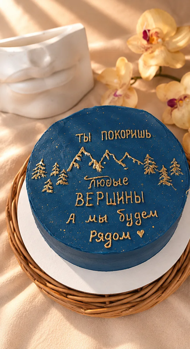 Торт с горами и надписью «Ты покоришь любые вершины» — общий вид