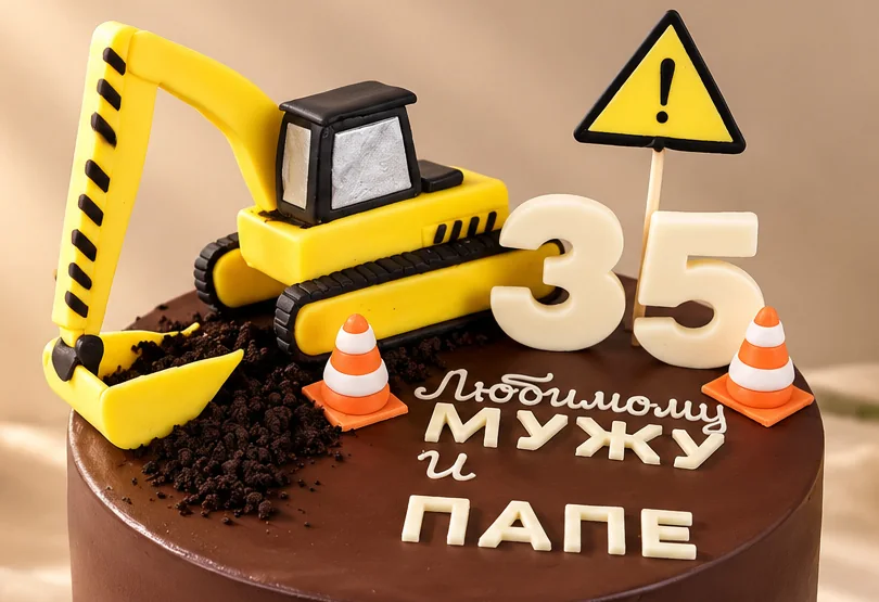 Жёлтый экскаватор, дорожные конусы и цифра 35 на торте мужу и папе