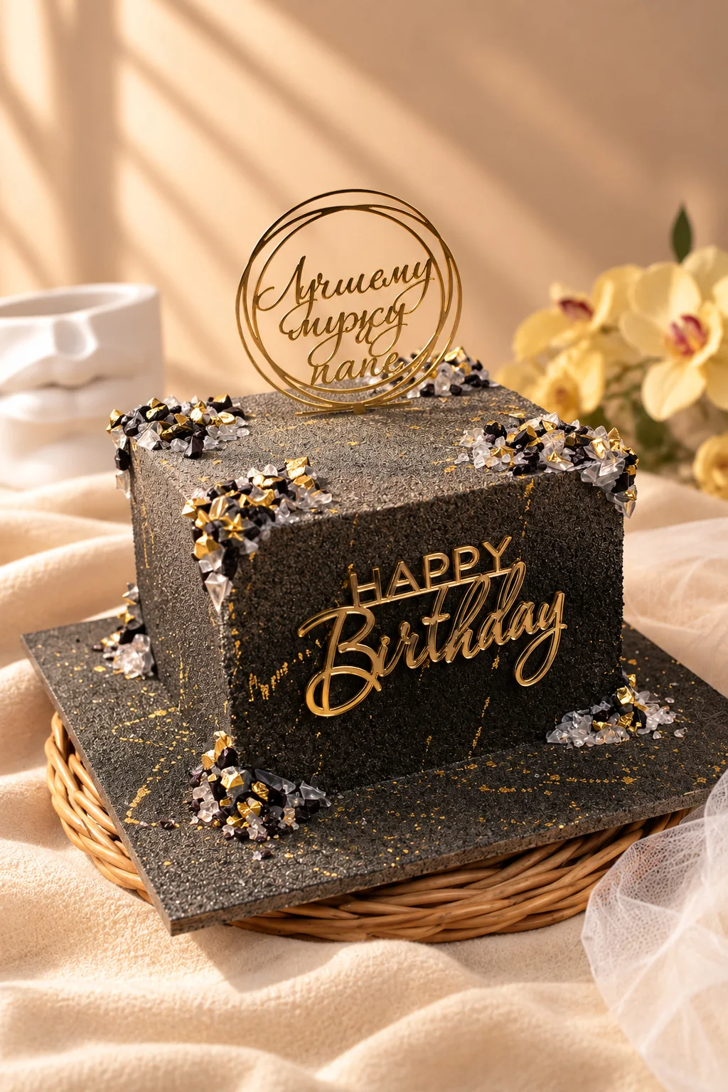 Золотистая надпись Happy Birthday и контрастный декор на чёрном торте