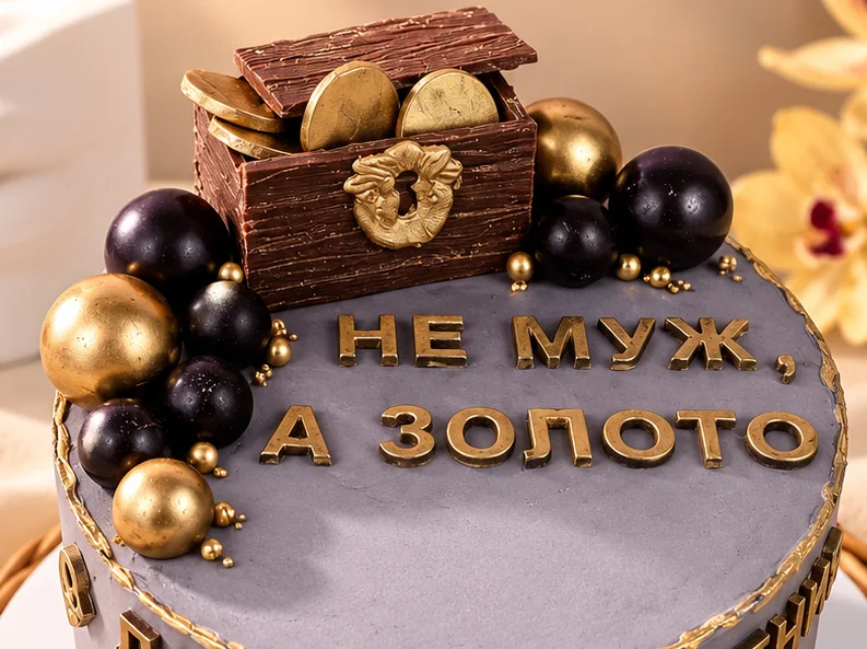 Сундук с золотыми монетами и надписи «Не муж, а золото» и «Не папа, а клад» на торте