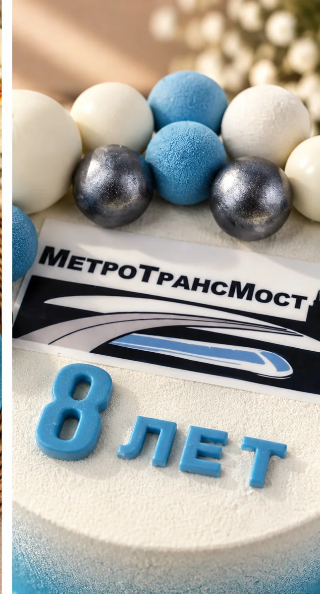 Логотип «МетротрансМост», цифра 8 и бело-синие шары на корпоративном торте