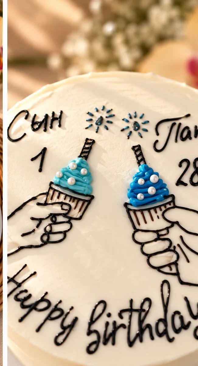 Рисунки рук с голубыми праздничными колпачками и надпись Happy Birthday на бенто-торте